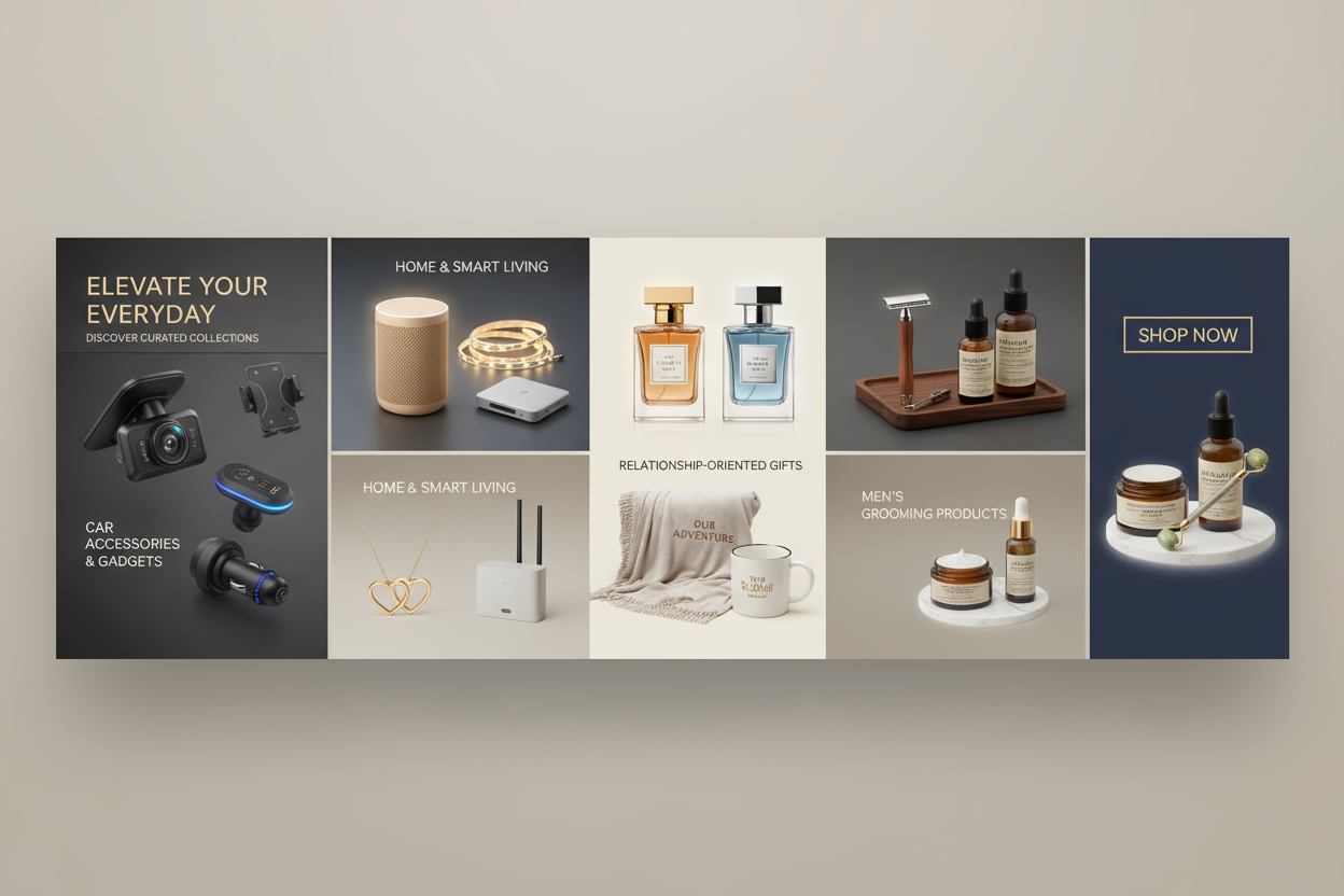 create a banner for me that i have these collection in my store Car accessories & Gadgets, home and smart living,perfume, relationship oriented, men grooming, personal care also add products